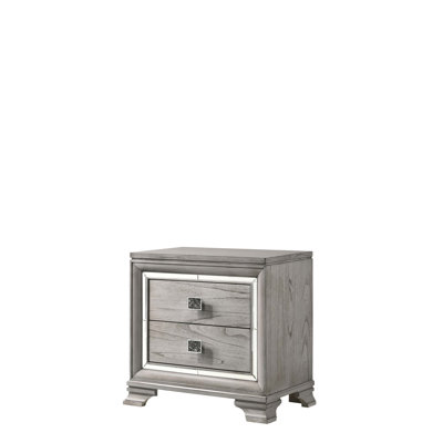 Table de chevet contemporaine en bois gris clair avec deux tiroirs et un miroir biseauté pour un rangement élégant dans la chambre à coucher