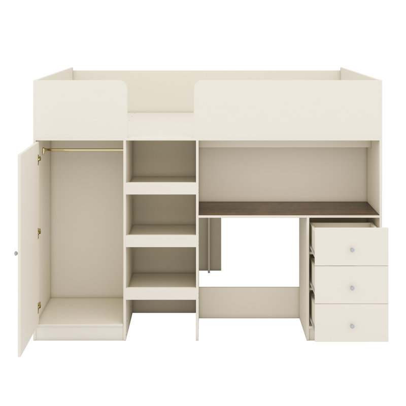 Structure de lit en bois avec garde-robe intégrée, bureau, tablettes de rangement et tiroirs, Beige