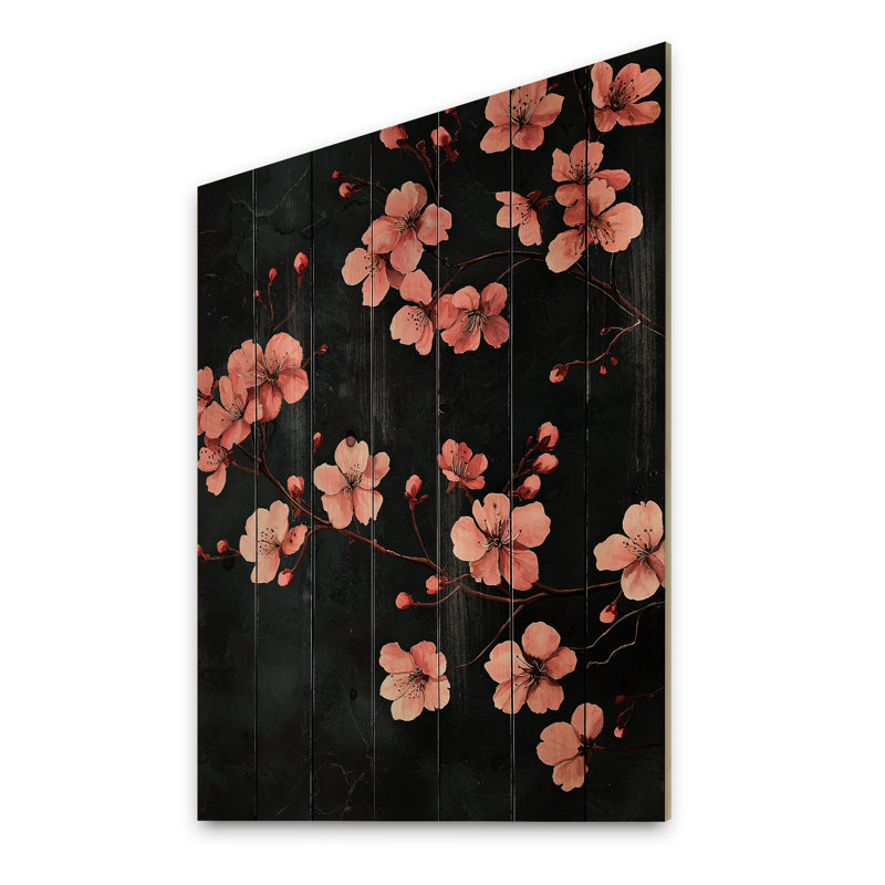 Fleur de cerisier, fleurs de minuit I - art mural en bois de cerisier en fleurs - sur bois de pin naturel