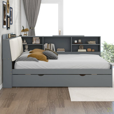Lit plateforme pour chambre à coucher avec tête de lit de rangement, lit gigogne et tablettes, cadre de lit plateforme pour chambre à coucher