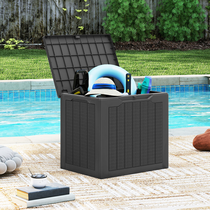 Boîte de rangement extérieure Gymax avec couvercle verrouillable et texture tissée en osier pour accessoires de piscine - noir