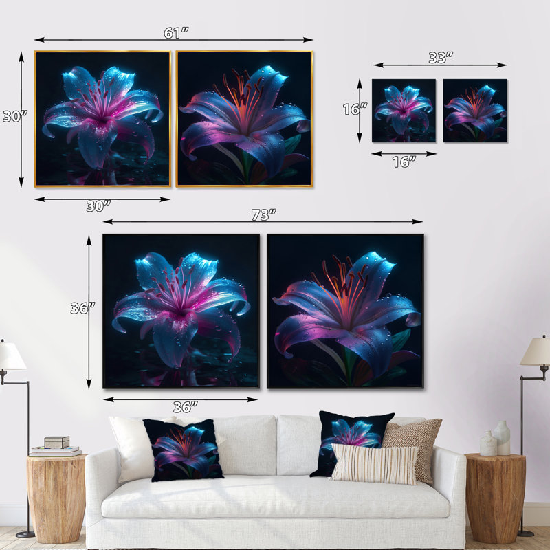 Blue Lily Dreams - ensemble de 2 carrés de lis floraux, Cadre flottant noir, H 16 po x l 33 po