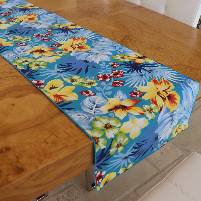 Tropical Hawaiian Print Table Runner, 72" x 12", Aqua