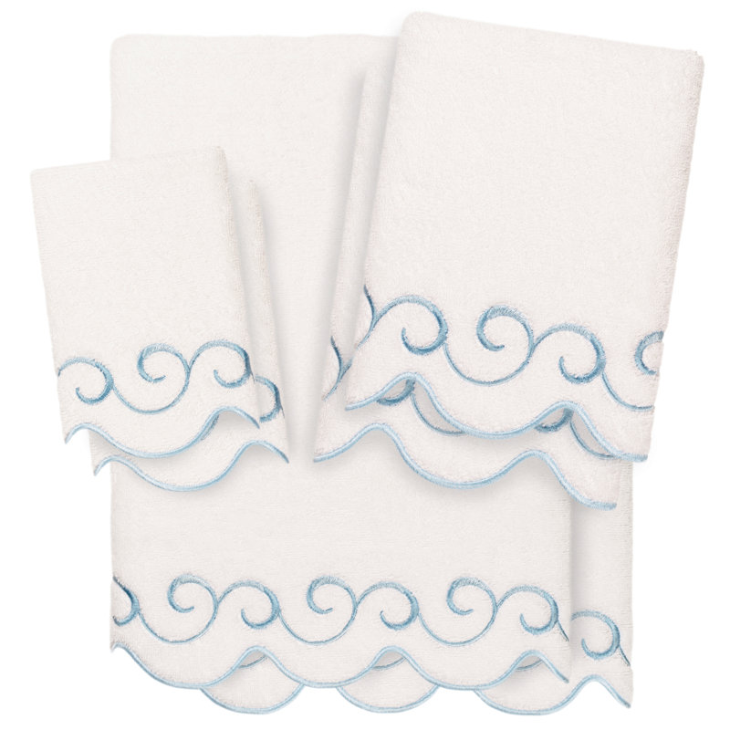  100% coton turc SIMPLICITY festonné ensemble de serviettes 6PC, Ensemble 6 serviettes de bain, Blanc / Bleu