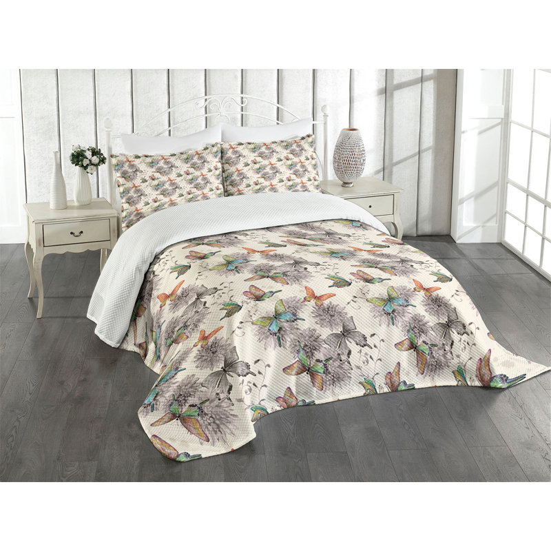 Ambesonne Butterfly Bedspread Set  Soft Colored Animals  Multicolor, King Coverlet / Bedspread + 2 Standard Shams
