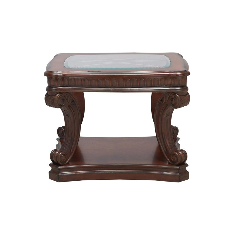 Traditional End Table With Dark Oak Finish And Glass Top