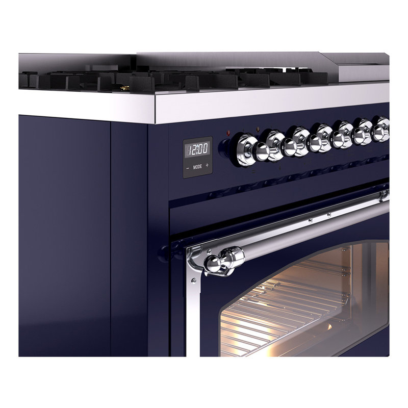 ILVE Nostalgie II Series Noblesse 48 inch Dual Fuel Range with 8 Sealed Burners, Griddle (Glass Door), Liquid Propane, Chrome