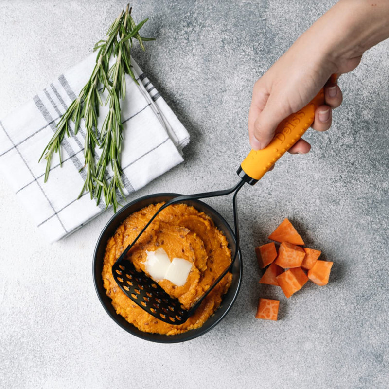 Heavy Duty Stainless Steel Potato Masher with Orange Rubber Handle