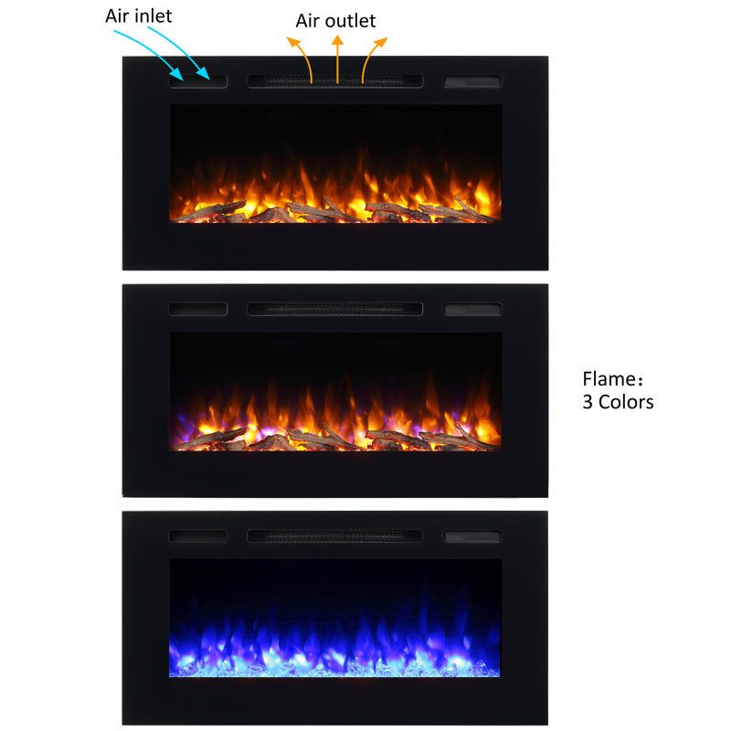 Puraflame Alice 40" Recessed Electric Fireplace, Flush Mounted for 2 X 6 Stud, Log Set & Crystal, 1500W Heater, Black