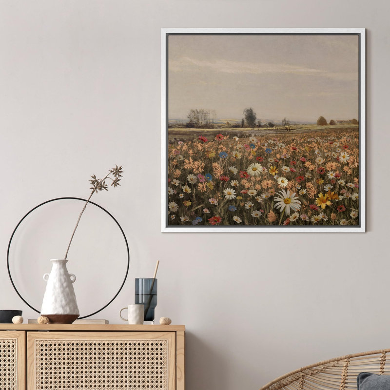 "Pré champs fleuris rétro avec art panoramique moderne", Blanc, H 24 po x l 24 po