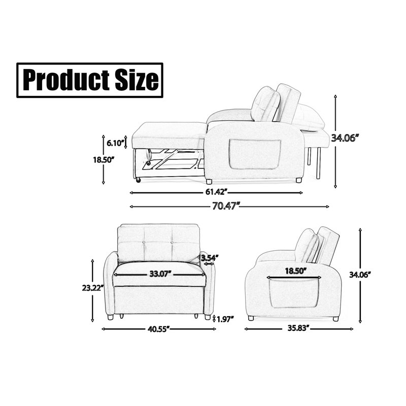 3-in-1 Convertible Sleeper Sofa, Gray Cotton Linen