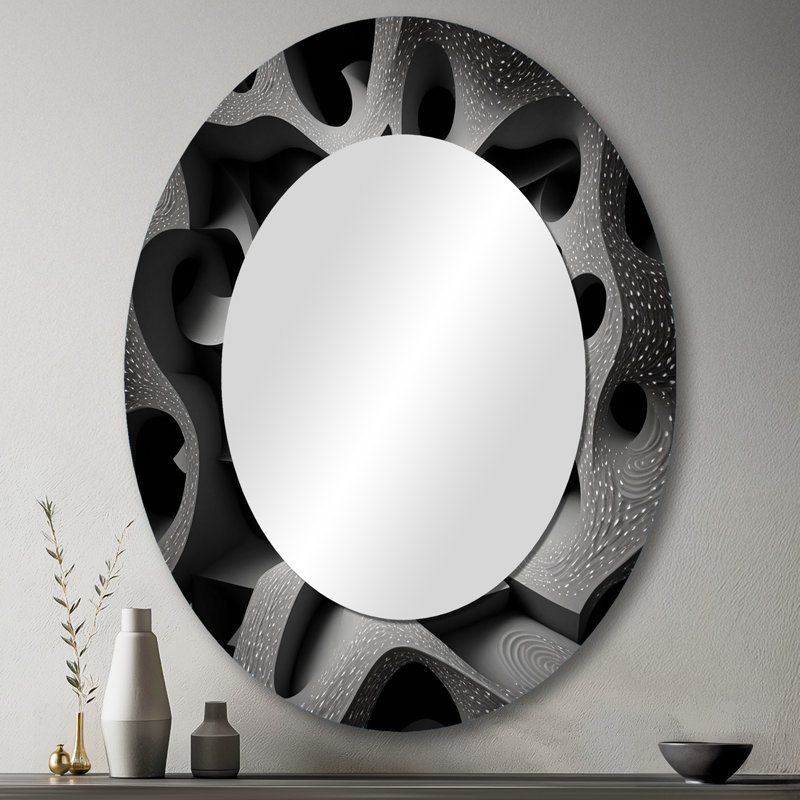 Through The Rabbit Hole Black White Maze III - Black Oval Wall Mirror Decor, 43" x 33"