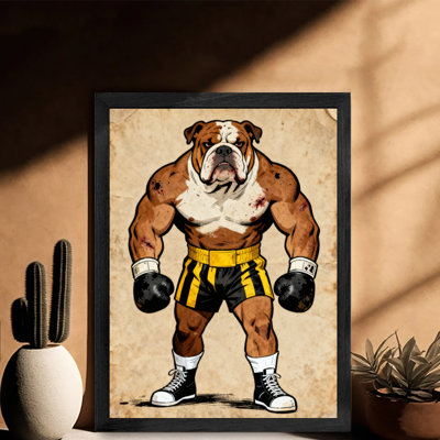 Black Framed Vintage Boxer Bulldog Wall Art Cartoon fun personification Style Framed Prints