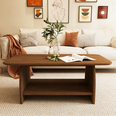 Modern minimalist living room coffee table, 47 inch double-layer rectangular with storage function, safety rounded design, MDF material, suitable for