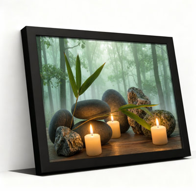 Zen Garden With Bamboo Leaves And Candles Canvas Wrapped Wall Art Oil Painting Print Set Of 1