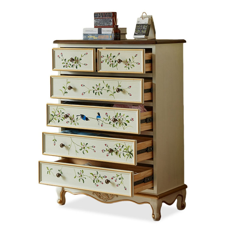 Meuble d'appoint à cinq tiroirs en bois massif peint à la main avec motif floral