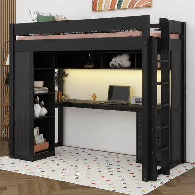 Lit mezzanine en bois avec bureau, bibliothèque à 4 niveaux, 4 tiroirs et tablettes supérieures, bande lumineuse de contrôle Smart APP, ports de chargement USB