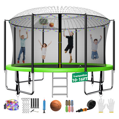 Furiphe 14' Round Backyard Trampoline With Safety Enclosure, Basketball Hoop, Sprinkler, Lights, Socks, Wind Stakes -  WF-TRAMPOLINE-14FT-GN