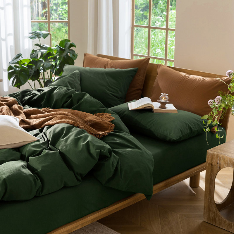 Ensemble de housse de couette 100% coton délavé MooMee, Housse de couette pour très grand lit et 2 taies , Vert forêt