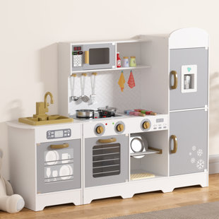 38"H Kids Wooden Kitchen Toy Playset Pretend Play Set with Oven, Microwave, Ice Maker, Refrigerator, Stove & 21Pcs Accessories for Toddlers, Preschoolers, Children Age 3+