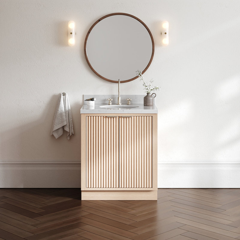 Meuble-lavabo simple en bois massif 30 po avec comptoir en quartz de Carrare 1,5 po en chêne, lavabo ovale, Chêne, Ovale