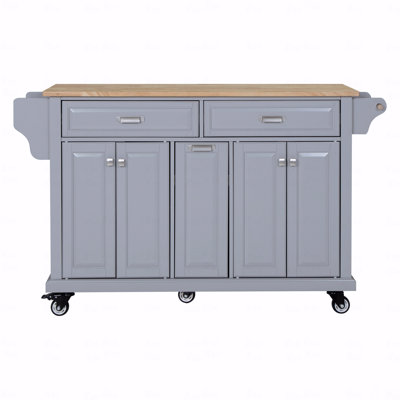 Kitchen Island With Rubber Wood Countertop, Kitchen Cart On 5 Wheels With Storage Cabinet And 2 Top Drawers And A Center Double-Layered Storage Drawer