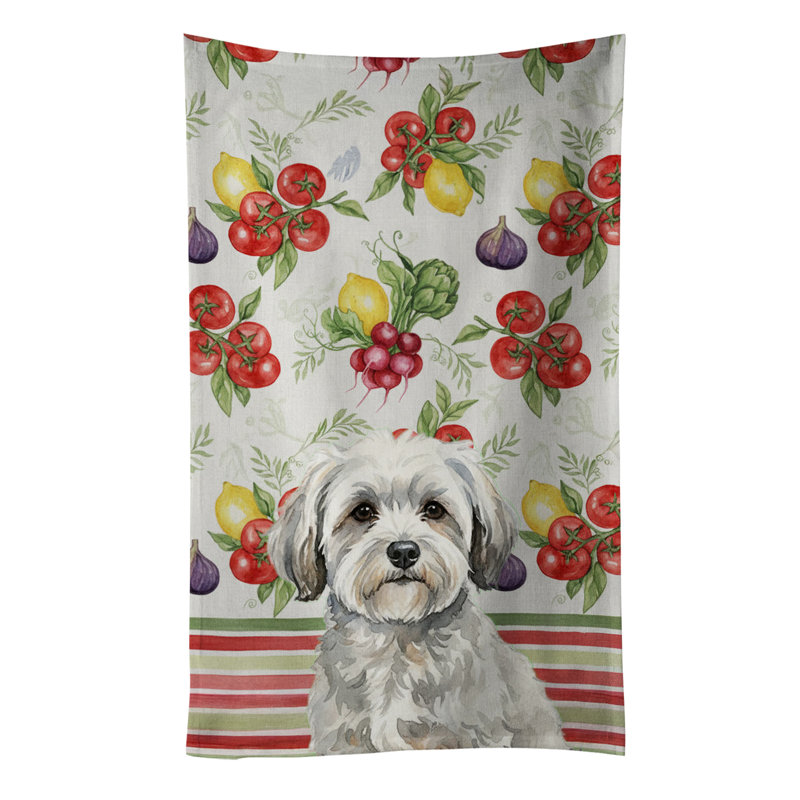 White with Gray Coton de Tulear Vegetables Kitchen Towel, White/Gray Coton de Tulear