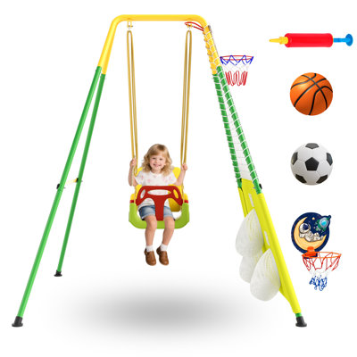 Ensemble de balançoire pour tout-petits 3 en 1 avec panier de basketball et buts de soccer, balançoire pour bébé intérieur / extérieur avec support en métal pliable, ensemble de balançoire pour enfants pour la cour, instructions claires, facile à assembler et à ranger