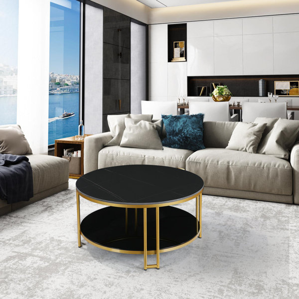 Everly Quinn Modern Black Round Coffee Table With Sintered Stone ...