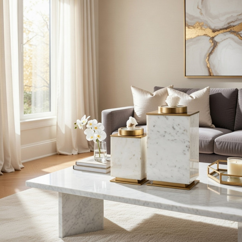 Boîtes décoratives, lot de 2, aluminium blanc et doré, bois de manguier