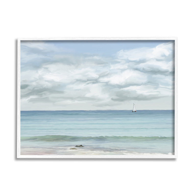 Distant voilier nuageux, art de la giclée encadrée par Ramona Murdock, Estampe numérique encadrée blanc bord de mer
