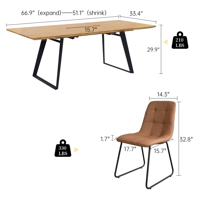 7-Piece Extendable Kitchen Dining Table with 6 Modern Dining Chairs, Brown, Yellow