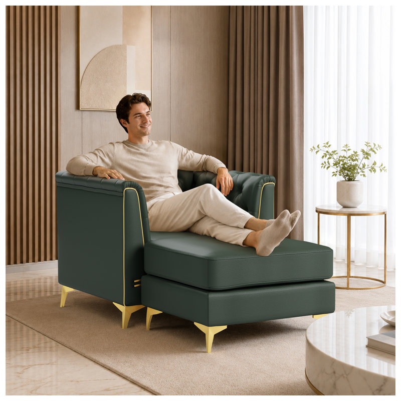 Canapé Chesterfield modulaire 1 place en similicuir vert de 40,1 pouces avec capitonnage à boutons et accoudoirs à garniture métallique