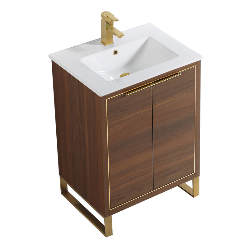 24'' Single Bathroom Vanity Set, Walnut, Satin Brass