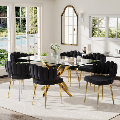 Modern Rectangle Glass Dining Table Set With Velvet Chairs