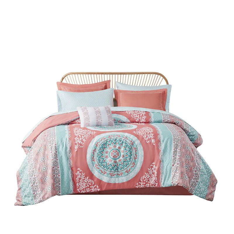 Édredon corail brodé lavable à la machine - literie brodée double avec draps, Édredon lit double + 8 pièces incluses, Corail