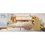 Wooden L-Shape Daybed with Seven Storage Cabinets and Two Storage Drawers, Multi-functional Bed with Study Desk and Built-in Bookshelf