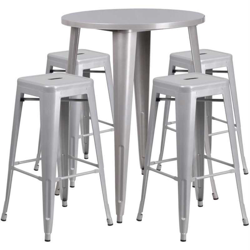 Ensemble de tables de bar rondes intérieur / extérieur en métal 30 po avec 4 tabourets sans dossier Colbert, Argent