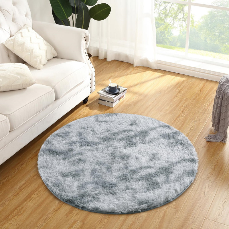 Fluffy Super Soft Round Living Room Rug, Anti-Slip Shaggy Carpet for Bedroom and Modern Home Decor, Tie-dye, Light Grey