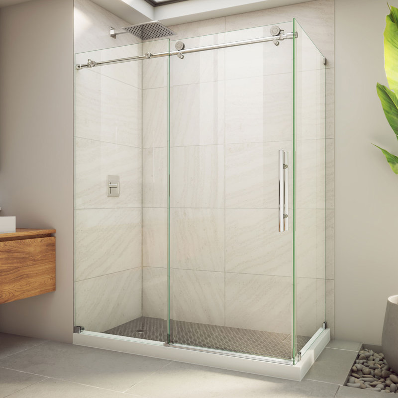 60.38" W x 32.5" D x 76" H Frameless Rectangle Sliding Shower Enclosure, Polished Stainless Steel