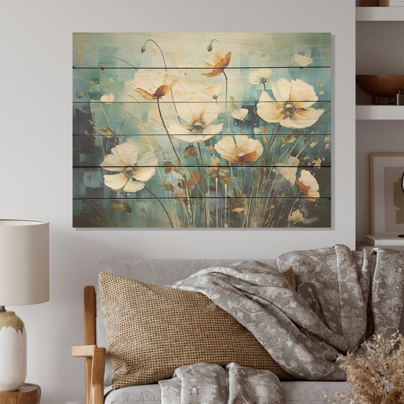 Misty Flower Meadows I - Art mural en bois sur bois de pin naturel, H 24 po x l 32 po