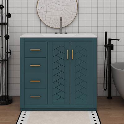 36-Inch Bathroom Vanity With Ceramic Sink, Modern Storage Unit With 3 Drawers & 2 Doors, Freestanding