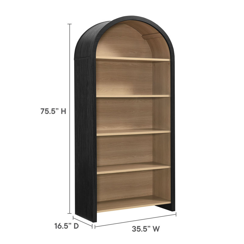 Evie Arched Narrow Bookcase Display Cabinet In Black, (5 Shelves) 75.5"H x 35.5"W x 16.5"D
