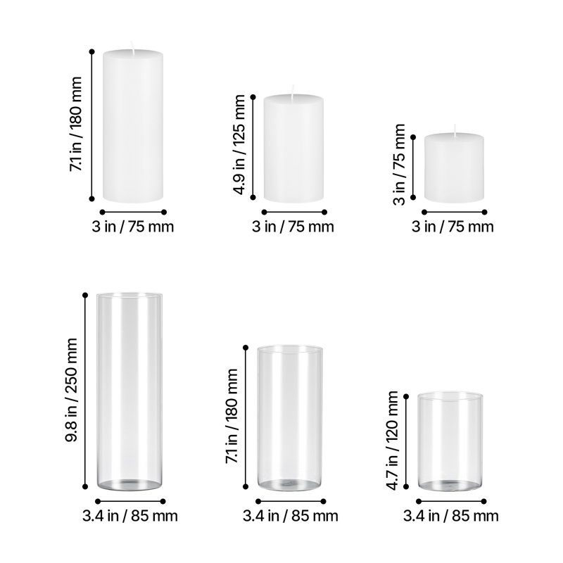 Pillar Candles and Glass Vases Set 36 Pcs, Clear Cylinder Hurricane Candle Holders for Wedding Centerpieces, Tall Vase for Table Decor, Wedding Party, Thanksgiving, White (3.4" x 4.7",7.1",9.8")
