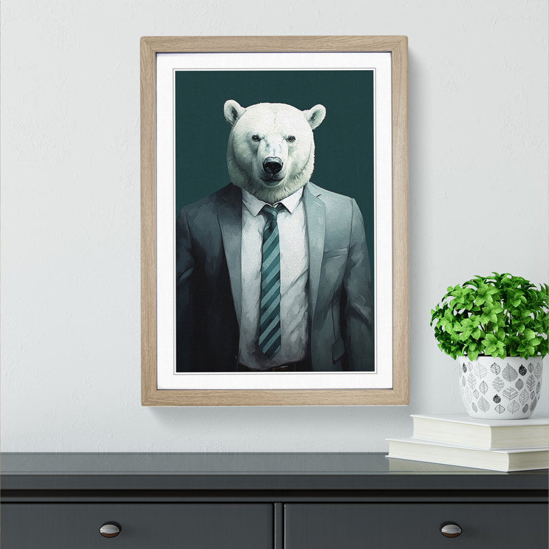 Polar Bear In A Suit Painting No.2 - Single Picture Frame Print on Wood, 34cm H x 25cm W x 2cm D, Oak Framed