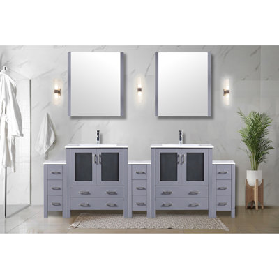 Meuble-lavabo double gris foncé mesurant 96 po X P 18,25 po, avec armoires latérales, surface en céramique blanche, structure en bois massif, tiroirs à fermeture douce, deux armoires et treize tiroirs pour une abondance