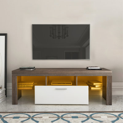 20 minutes de montage rapide Meuble télé brun simple avec étagère en verre trempé Armoire murale de plancher et support mural brun + Whitetv avec lumières à changement de couleur DEL pour le salon