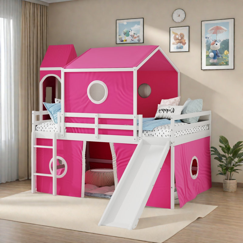 Lit mezzanine double avec tente coulissante et tour, Rose