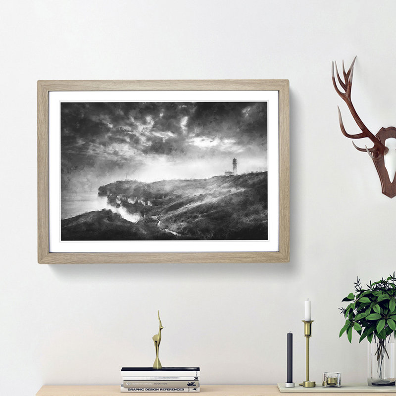Moody Lighthouse and Seascape - Picture Frame Painting Print, 33cm H x 45cm W x 2cm D, Oak Framed