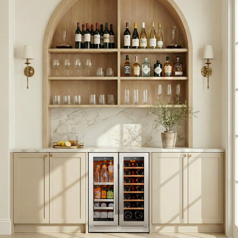 24 Inch Dual Zone Wine and Beverage Refrigerator, 21 Bottle & 60 Can Built-in or Freestanding Wine Cooler with French Door, Stainless Steel, UV-Protected Glass, Compressor Cooling Wine Fridge, 3-Color LED Light Beverage Refrigerator & Cooler